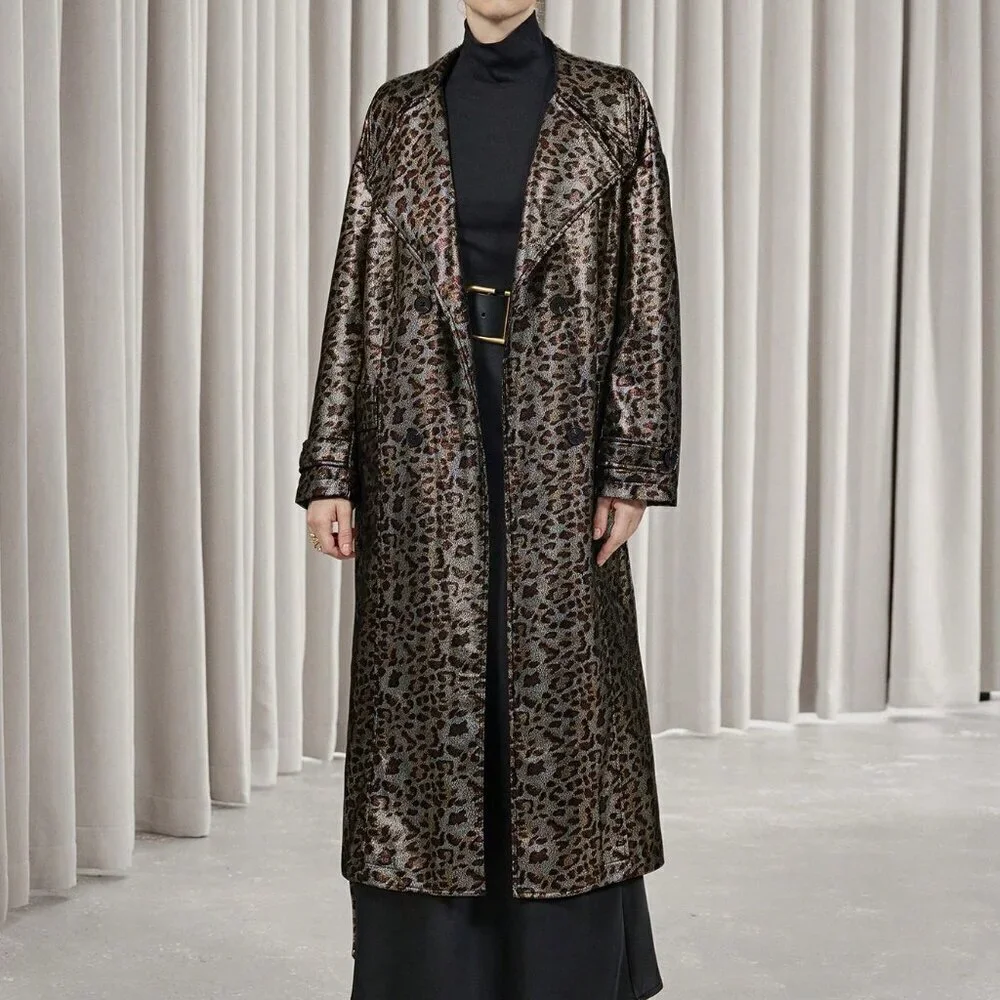 Multicolor Elegant Women's Leopard Print Faux Leather Trench coat / Jacket